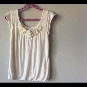 Cabi Rosette Neckline Cap SleeveTop #505